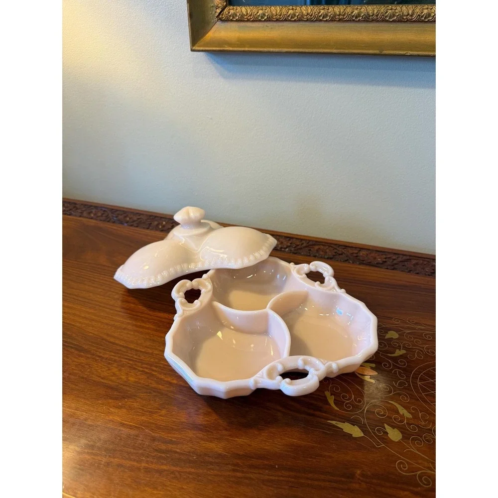 Vintage Pink Milk Glass Lidded Divided Dish – Opaline Vanity or Candy Dish